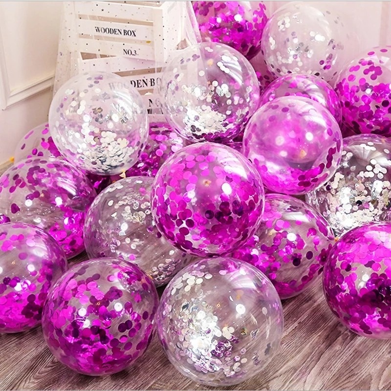 Set 5 Bong Bóng Trong Suốt Phối Hoa Giấy Kim Sa Kích Thước 12 Inch Dùng Trang Trí Tiệc Cưới