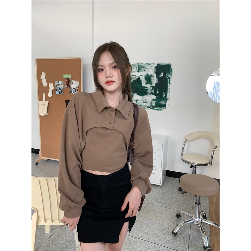 Porozi  Set áo kiểu hai dây và áo polo tay dài cổ bẻ độc đáo thời trang dành cho nữ