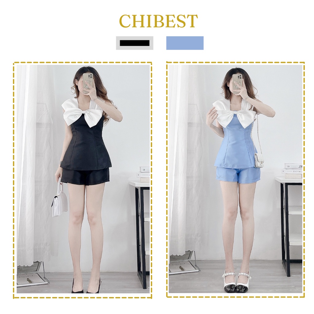 Set áo 2 dây quần short ống rộng thiết kế phối nơ bản to Vải tacta phong cách mùa hè  CHIBEST HSB78
