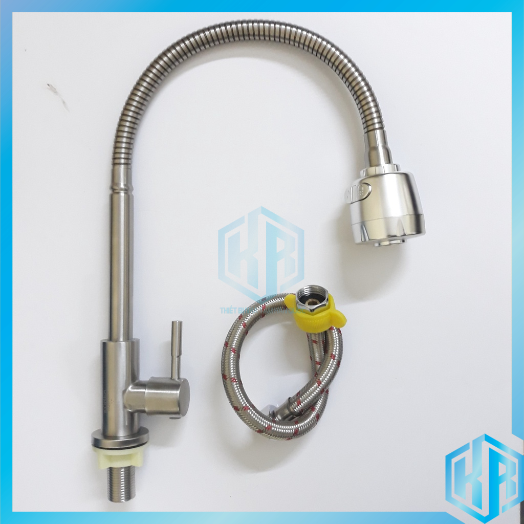 Bộ vòi rửa chén bát 1 đường nước lạnh inox 304 trắng mờ cao cấp loại cần mềm xoay 360 độ, 2 chế độ xả nước - Cắm chậu
