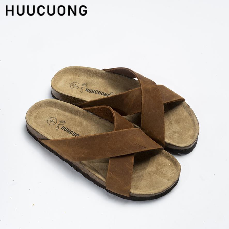 Dép unisex Quai Chéo HUUCUONG Quai Da Thật Màu Nâu Đế Trấu