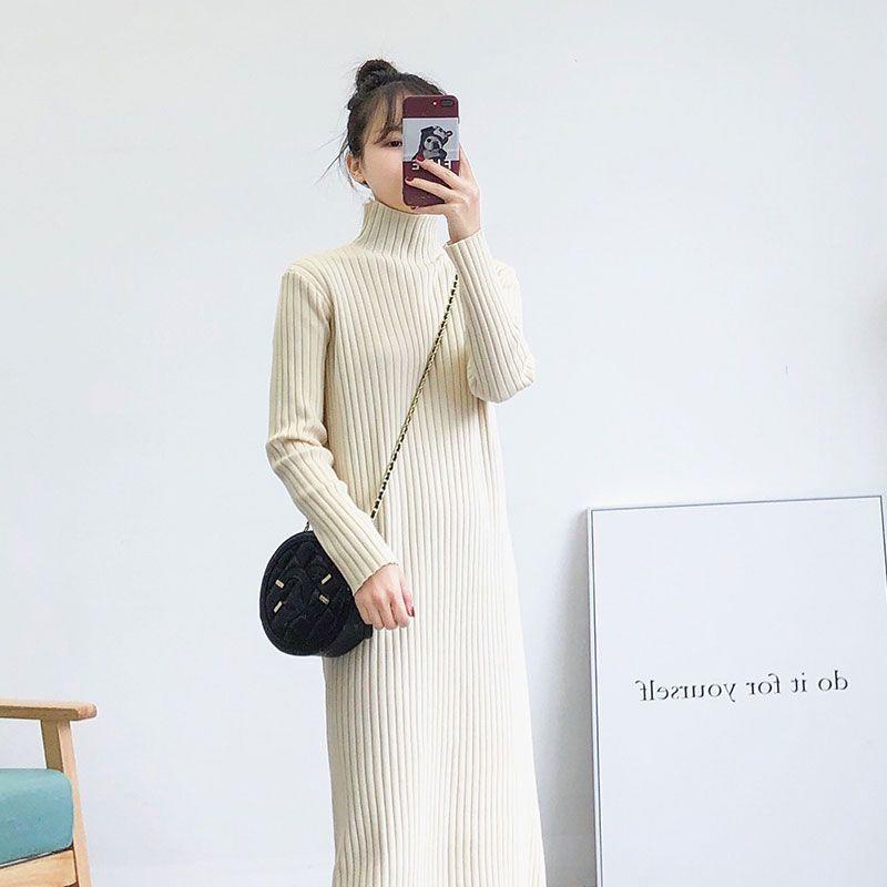 Váy Len Tăm Đầm Suông Dài Qua Gối Cổ Lọ 3 Phân Dệt Kim Dáng Xòe Kiểu Hàn Quốc Đi Học Đi Chơi Đi Làm Thu Đông Chali VL011