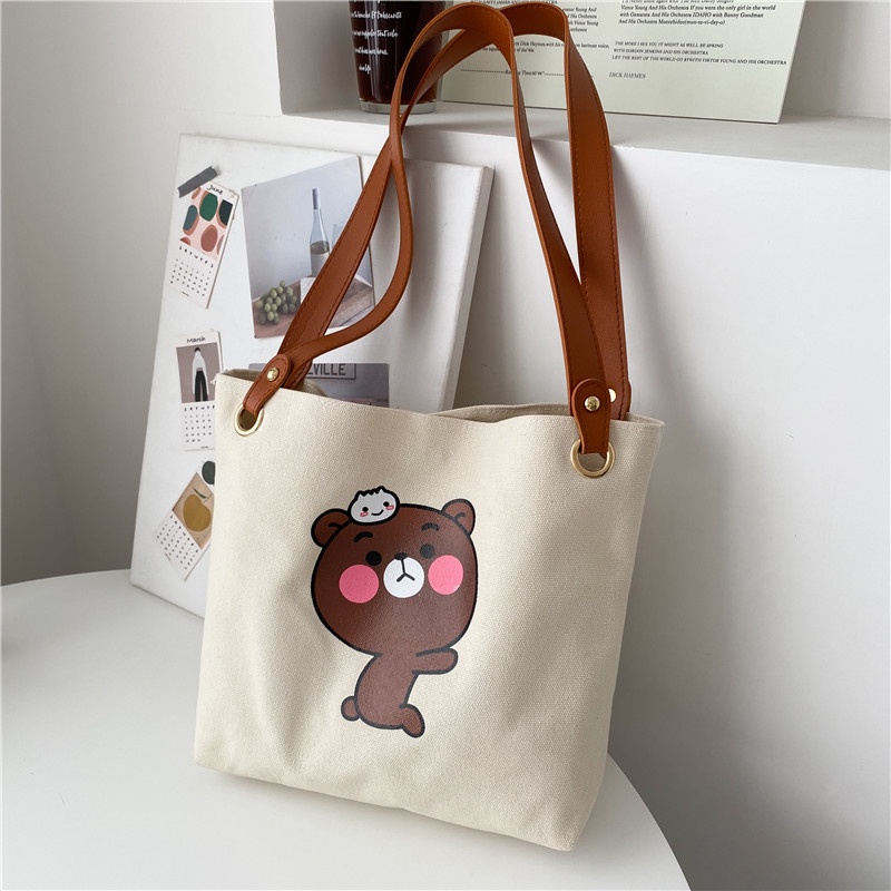 Túi đeo vai vải canvas sức chứa lớn họa tiết hoạt hình thời trang Hàn Quốc 2021