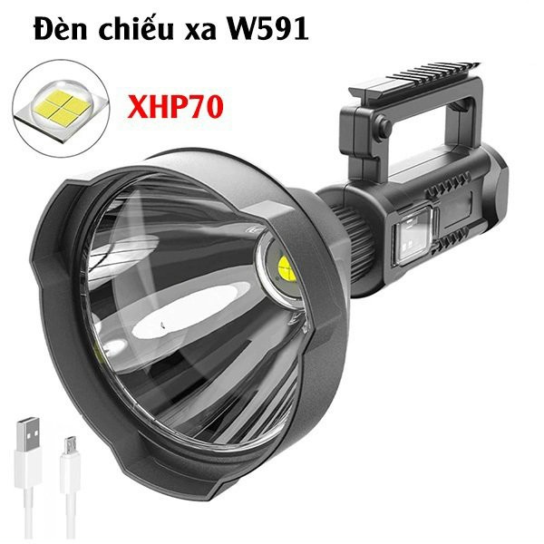 Đèn pin w591, Đèn pin siêu sáng chiếu xa trên 1000m, có chân đế, có cổng usb, chống nước, pin khủng