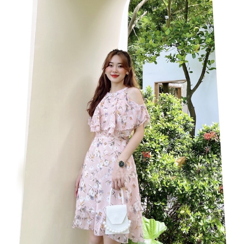 Váy Nữ Hoa Nhí Xanh Ngọc Khoét Vai,Đầm Nữ, Đi Biển, Đi Chơi Chất Liệu Voan Lụa Váy 2 Lớp LINSTORE Thiết Kế 98.Studio