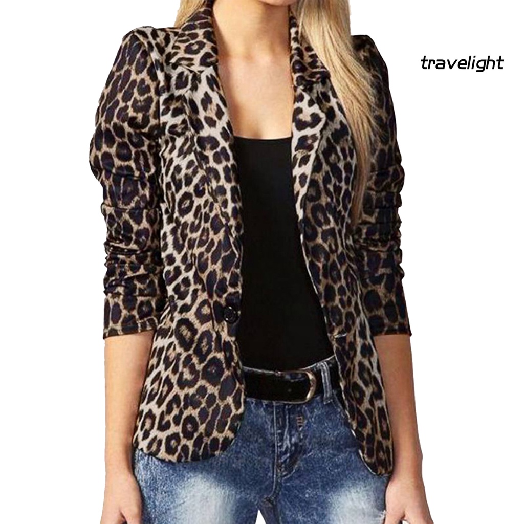 Áo Khoác Blazer Cổ Bẻ In Họa Tiết Da Báo Cài Một Hàng Khuy Dáng Ôm Dành Cho Bạn Nữ Đi Làm