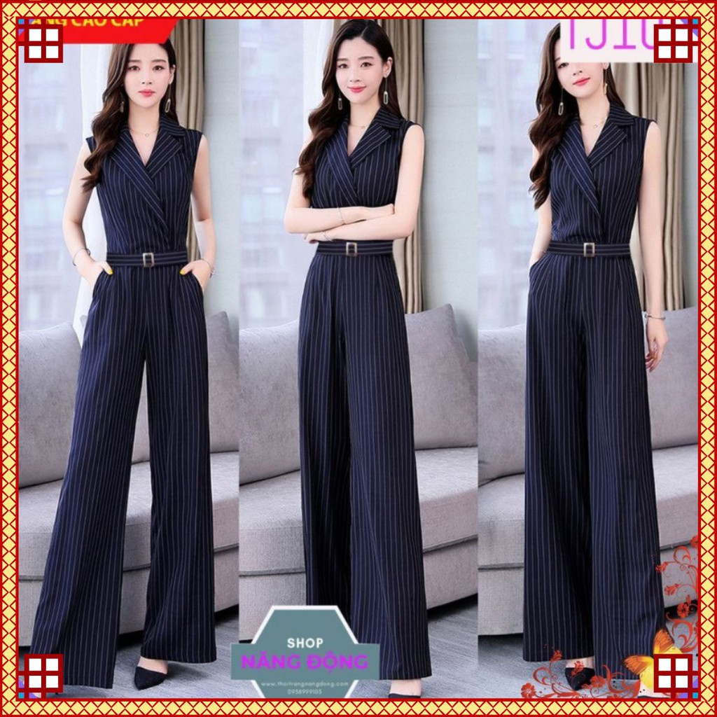 Jumpsuit 💛FREESHIP💛 Jum dài kẽ sọc cổ vest thắt lưng kèm belt như hình Mã TJ1070
