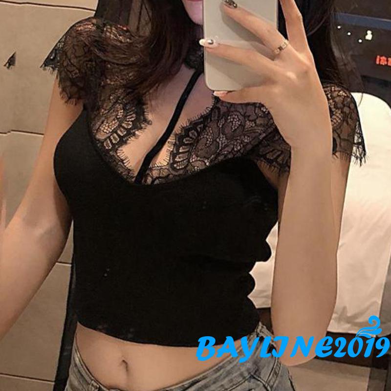 Áo Croptop Ren Hoa Xuyên Thấu Cổ V Ngắn Tay Thời Trang Mùa Hè Dành Cho Nữ