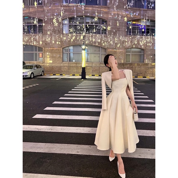 (Hàng chuẩn QC) Set váy dự tiệc áo khoác dạ tweed dáng ngắn kèm váy 2 dây dáng dài xoè xếp li (có ảnh thật)