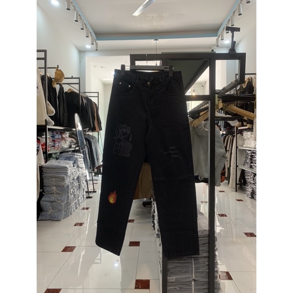 QUẦN JEANS ỐNG RỘNG NAM NỮ T-A-N DÁNG SUÔNG PHONG CÁCH HÀN QUỐC-QJI021-THỜI TRANG UNISEX-Full size hình in,màu đen