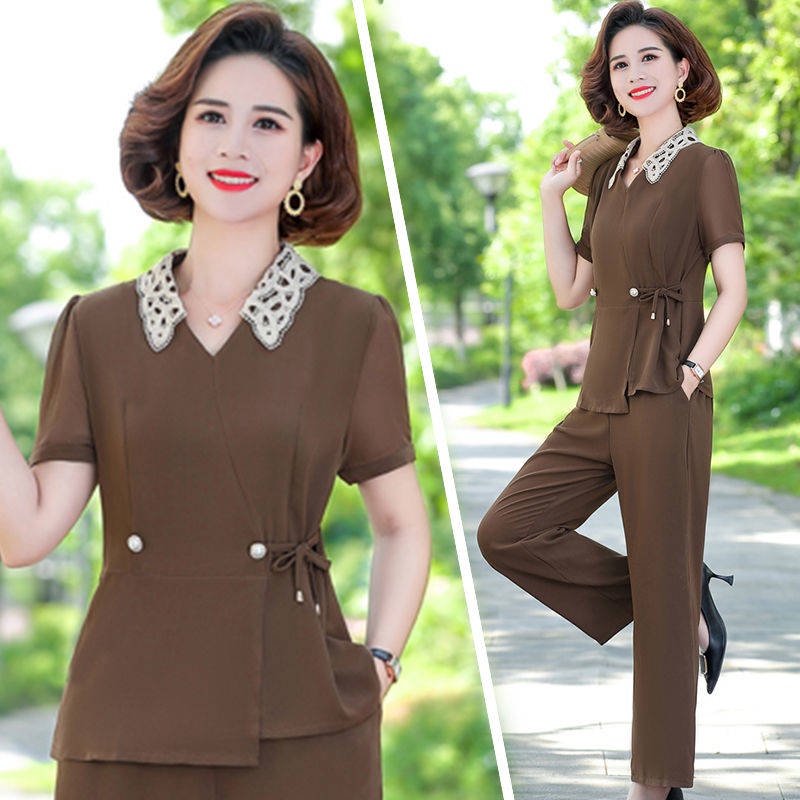 Set Đồ Bộ Hai Mảnh Vải Voan Dáng Rộng Thời Trang Mùa Hè Cho Phụ Nữ Trung Niên 2021