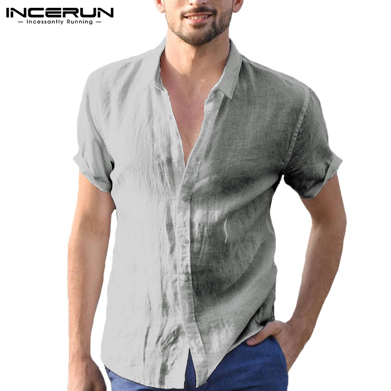 Áo sơ mi INCERUN ngắn tay màu trơn thời trang cho nam