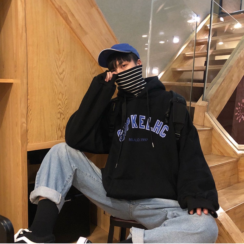 Áo hoodie tay dài lót nhung dày dặn in chữ phong cách Hàn Quốc thời trang mùa đông cho nam size M-5XL