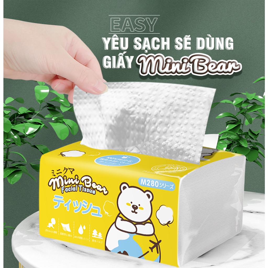 Khăn giấy khô lau tay, mặt không bột vụn (1 gói) 4 lớp 210 tờ gia dụng 100% bột gỗ nguyên sinh thương hiệu Minibear Nhật