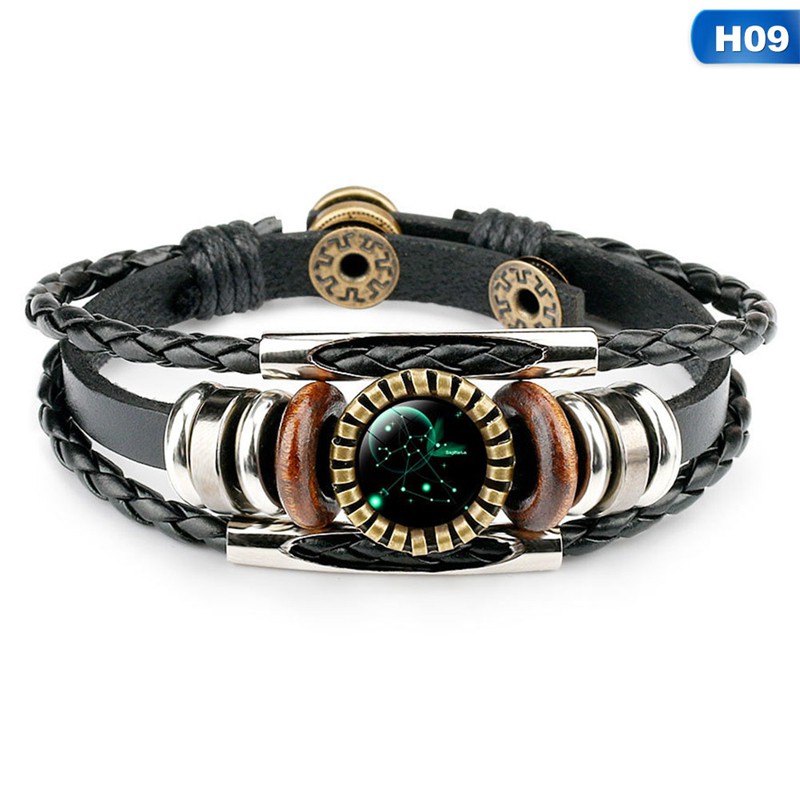 flowersqueen Vòng tay tết dây da PU mặt thủy tinh tròn họa tiết 12 cung hoàng đạo