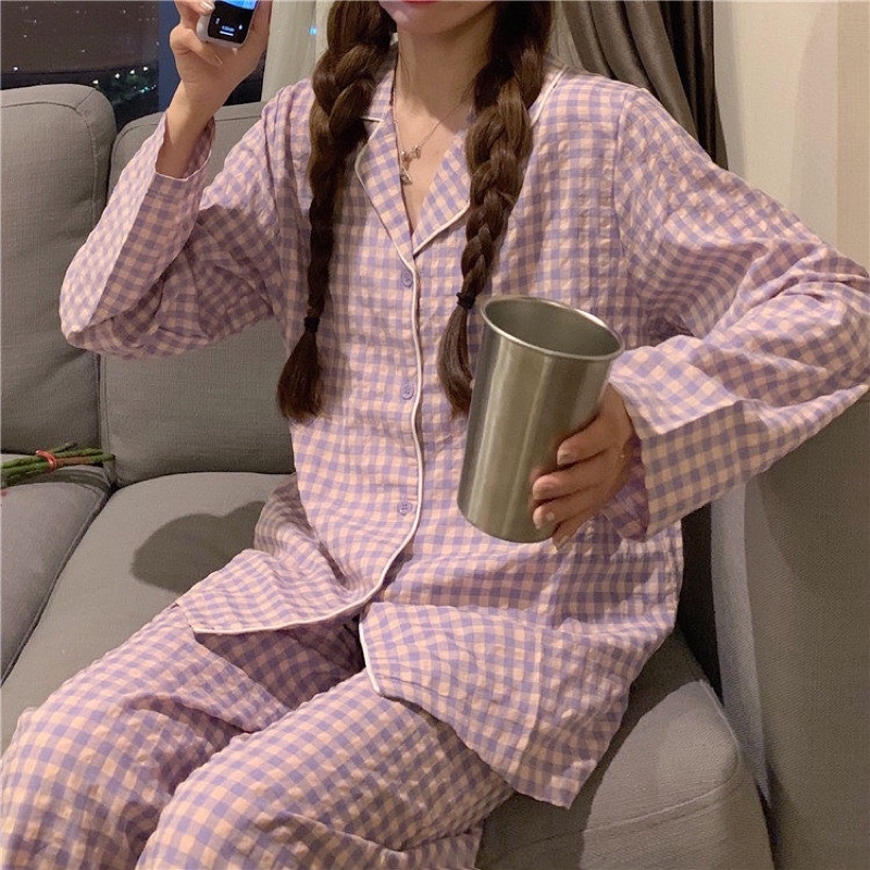 BN5_Bộ ngủ pijama | bộ mặc nhà dài tay họa tiết kẻ caro màu pastel ulzzang Hàn Quốc