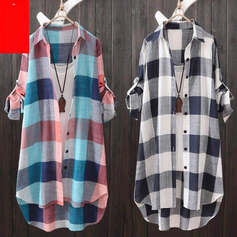 Áo Sơ Mi cotton Dáng Dài Rộng Họa Tiết Kẻ Sọc Ca Rô Thời Trang Mùa Hè Dành Cho Nữ 2022