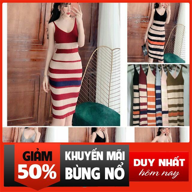 [ Big Sale ] Váy len body hai dây sọc ngang Quảng châu nữ họa tiết cao cấp hàng đẹp- Váy len montoghi thời trang elly