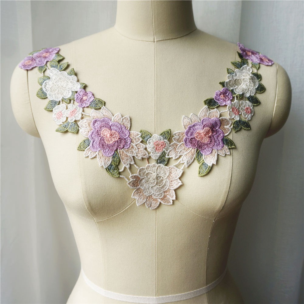 Tím Thêu Hoa Hồng Hoa Ren Đính May Cổ Cổ Miếng Dán Áo Cưới Cô Dâu DIY Thủ Công