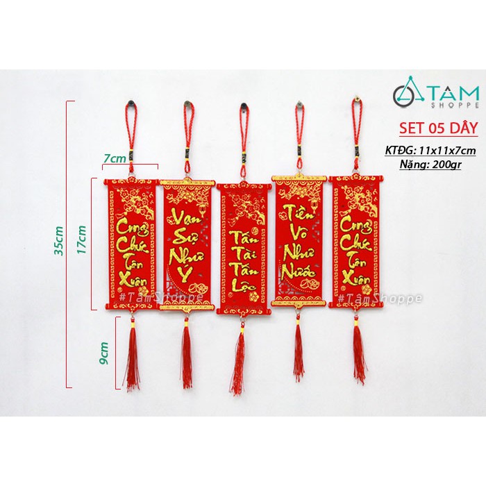 Set 05 Liễn nhung đỏ nhỏ treo cây mai đào ngẫu nhiên chữ T-PKTMD-69