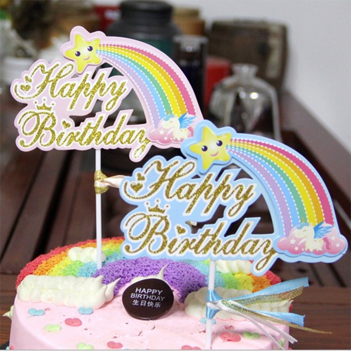 Topper nhũ cầu vồng cắm bánh sinh nhật cao 21Cm, trang trí bánh sinh nhật, hình cắm cầu vồng