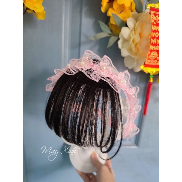 Băng đô tóc giả ren trắng đính hạt cho bé