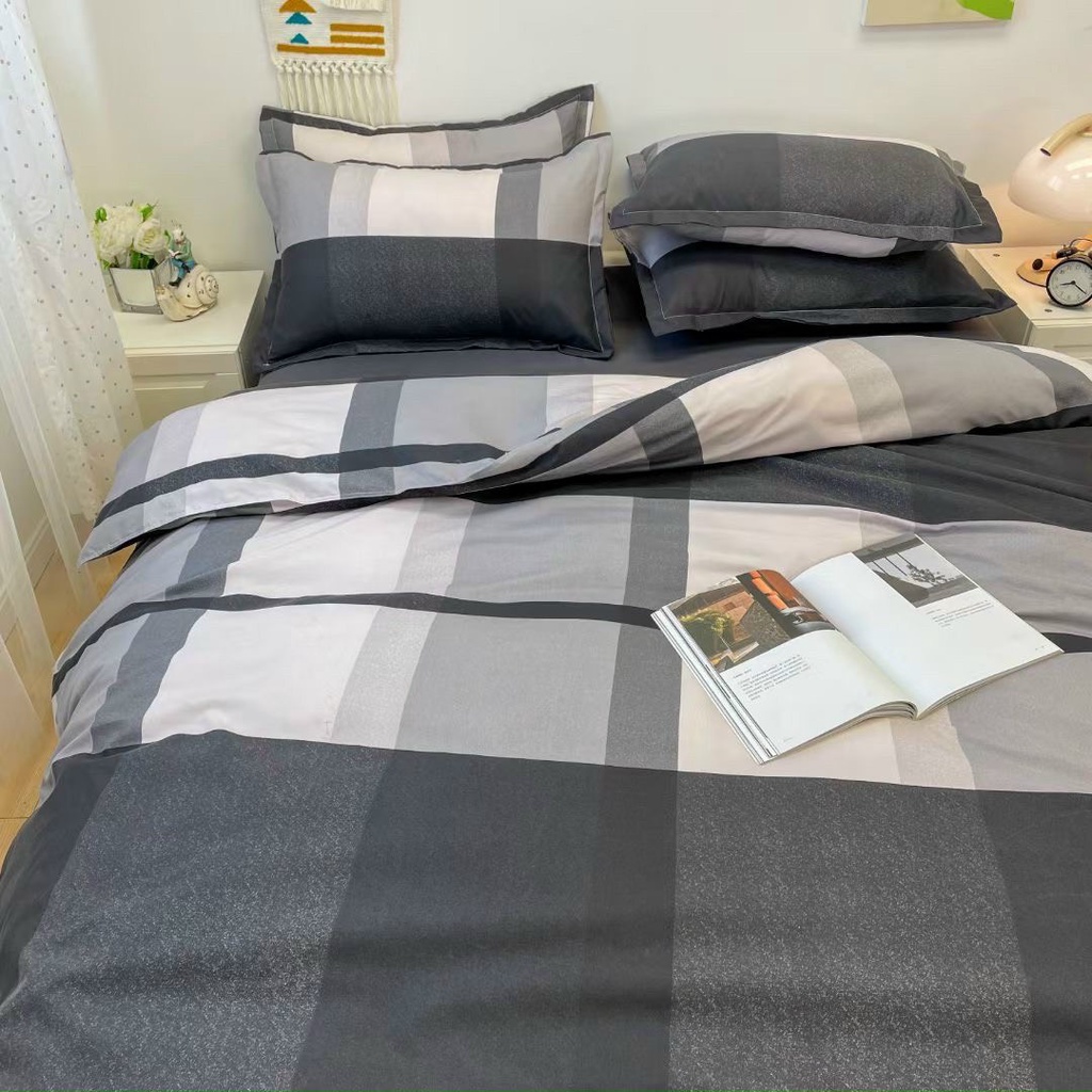Bộ chăn ga gối Cotton poly M2T bedding gồm vỏ chăn mền, drap ga giường và 2 vỏ gối nằm - PL Kẻ mới