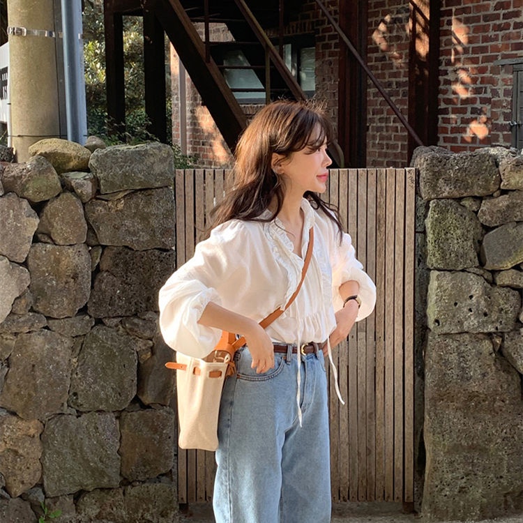 Áo Sơ Mi Phối Ren Màu Trắng Ngọt Ngào Phong Cách Hàn Quốc