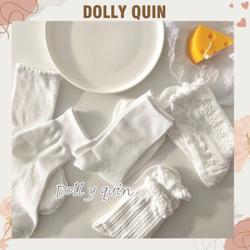 Tất nữ vớ nữ cổ cao màu trắng set 5 đôi họa tiết nữ tính phong cách Hàn Quốc Dolly Quin