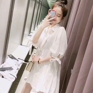 Đầm sơ mi trắng dập li