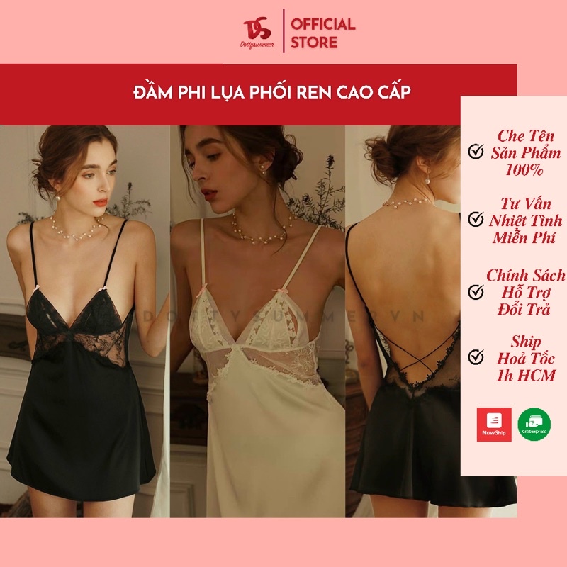 [Cao Cấp] Đầm Ngủ Phi Lụa Phối Ren Sang Trọng &amp; Gợi Cảm, Đầm Nữ Satin Lụa Bóng Đẹp Mịn Mát Ít Nhăn Phối Ren Khoét Lưng