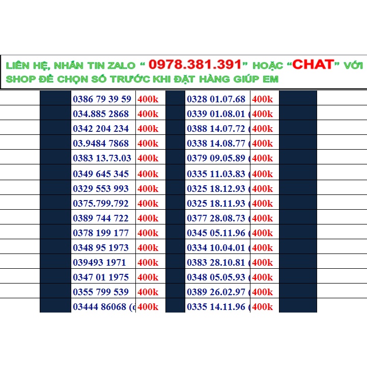 Sim số đẹp viettel đầu 09, 08, 03 đồng giá 400k