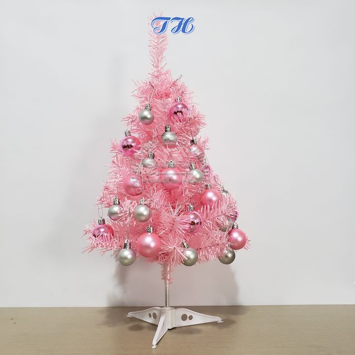 Cây thông noel để bàn mini 60cm màu hồng kèm quả châu, dây đèn led trang trí phòng ngủ phòng khách siêu xinh