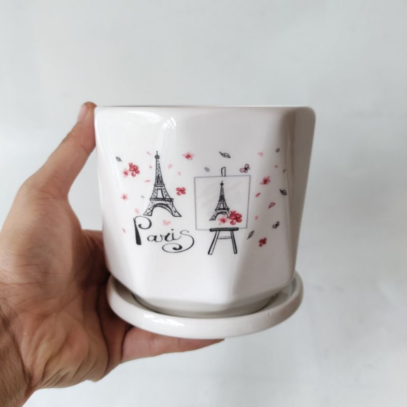 Chậu sứ kèm đĩa size nhỏ S3, phù hợp trồng cây để bàn, kim ngân, kim tiền, cẩm nhung, trang trí nội thất đẹp