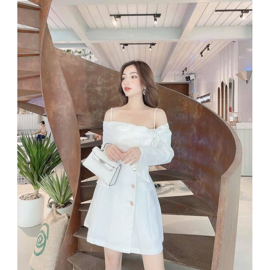 Đầm xòe trễ vai phối cổ lụa nơ 2 dây tay dài Bonita 31701