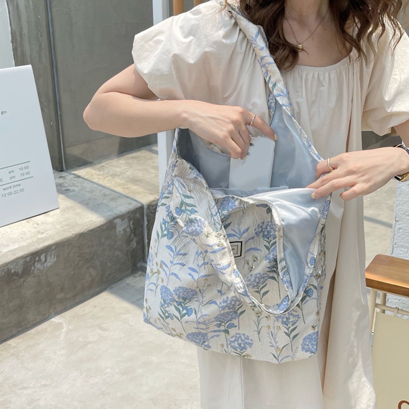 Yoioi Túi Xách Đeo Dưới Cánh Tay Họa Tiết Hoa Màu Xanh Dương Vintage Cho Nữ