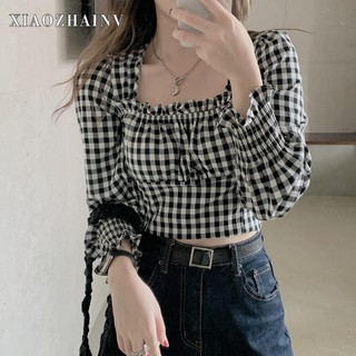 Xiaozhainv Áo sơ mi cổ vuông tay ngắn dáng ôm phong cách cổ điển thời trang cho nữ