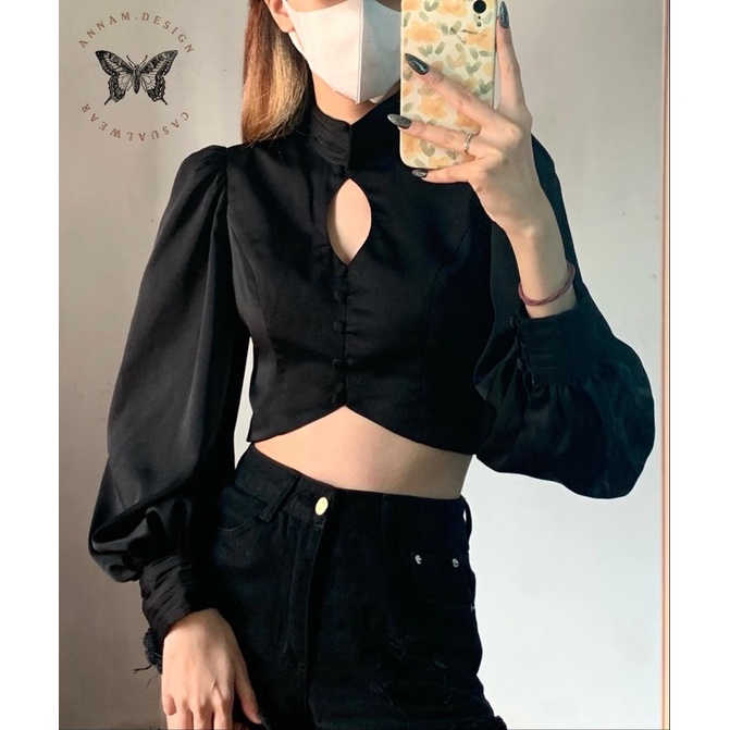 Áo croptop lụa đen cutout Annam Design