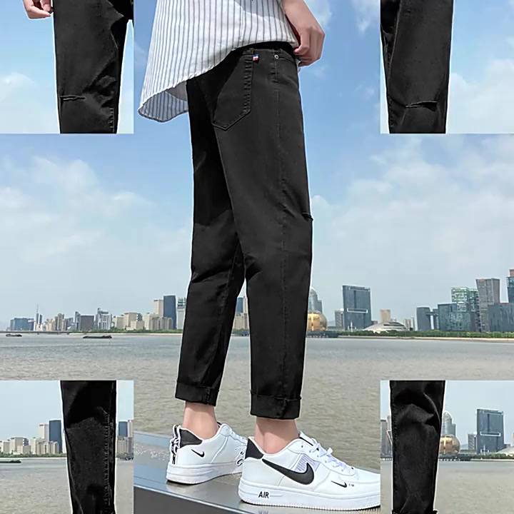 Quần jean màu đen rách 2 bên gối , 2 màu đen và xanh , co giãn nhẹ giữ phom dáng hàn quốc | BigBuy360 - bigbuy360.vn