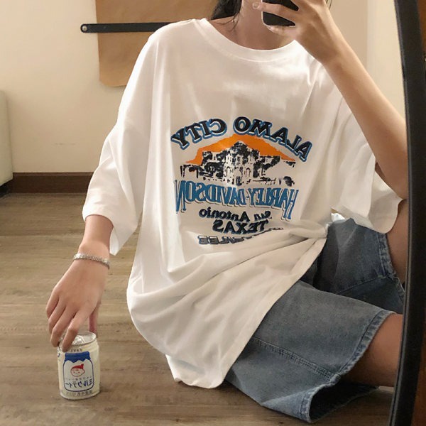 NRVP Áo thun tay ngắn cổ tròn mềm mại in họa tiết phong cách Hàn Quốc thời trang cho nữ