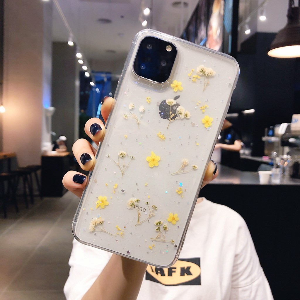 Real Dry Flower Clear Phone Case Samsung S8 S9 S10 S10E S20 Plus Note 8 9 10 Pro Epoxy Glitter Transparent Casing Soft Cover