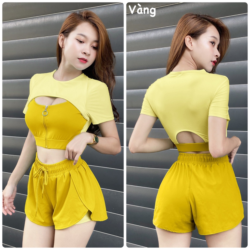 Set Ngắn Thể Thao Nữ Boxer 2 Lớp, Áo Croptop Cut Ngực Phối Dây Kéo Cực Ngầu