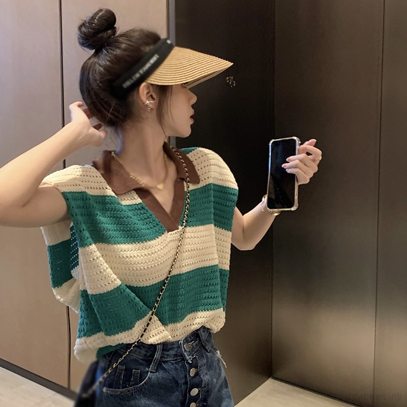 Áo Tank Top Dệt Kim Dáng Rộng Kẻ Sọc Thời Trang Mùa Hè Cho Nữ