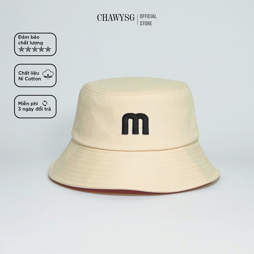 Mũ bucket vành tròn 2 mặt thêu chữ M, nón bucket chất kaki cao cấp thời trang form unisex Chawy.SG