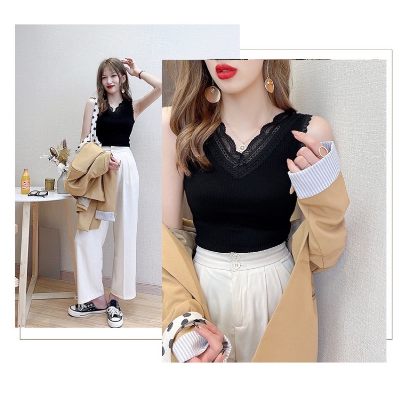 Áo 2 dây mặc vest phối ren cỗ chữ V cao cấp