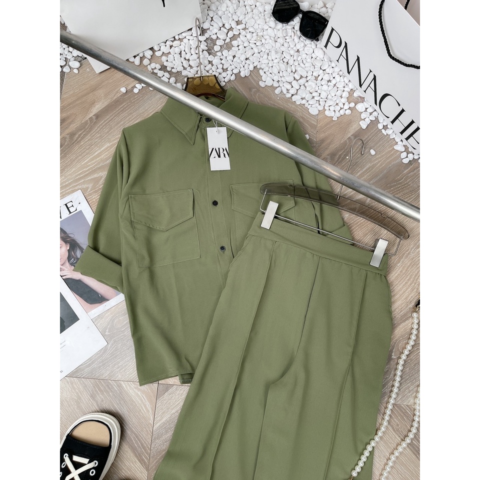 Set đũi xanh cổ đức mix quần ống sớ cao cấp