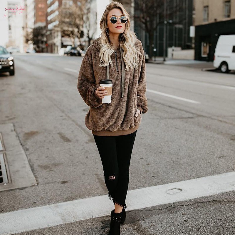 Women Autumn Winter Solid Long Sleeve Sweatshirt Plush Fluffy Hooded Pullover Plus Size 5XL