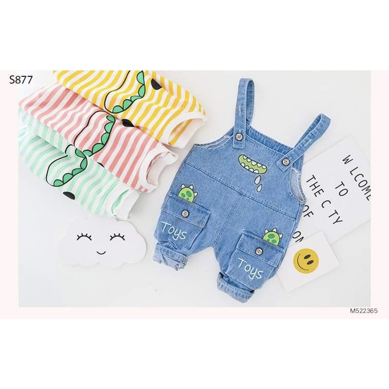 Set yếm jean bé trai kèm áo sọc tay dài