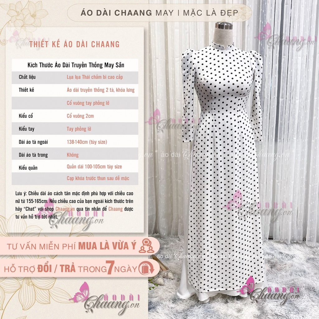 Áo Dài Trắng Truyền Thống Chấm Bi Vai Bồng May Sẵn Lụa Thái Cổ Vuông Đẹp ChaangBi09
