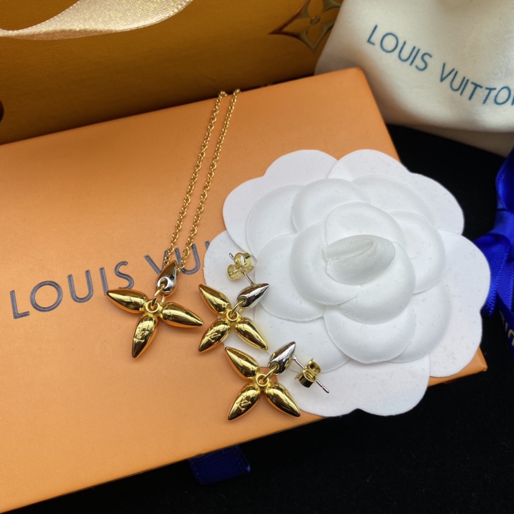 Bộ Vòng cổ Và Bông Tai Mạ Vàng Mặt Hoa Louise V Thời Trang Cho Nữ